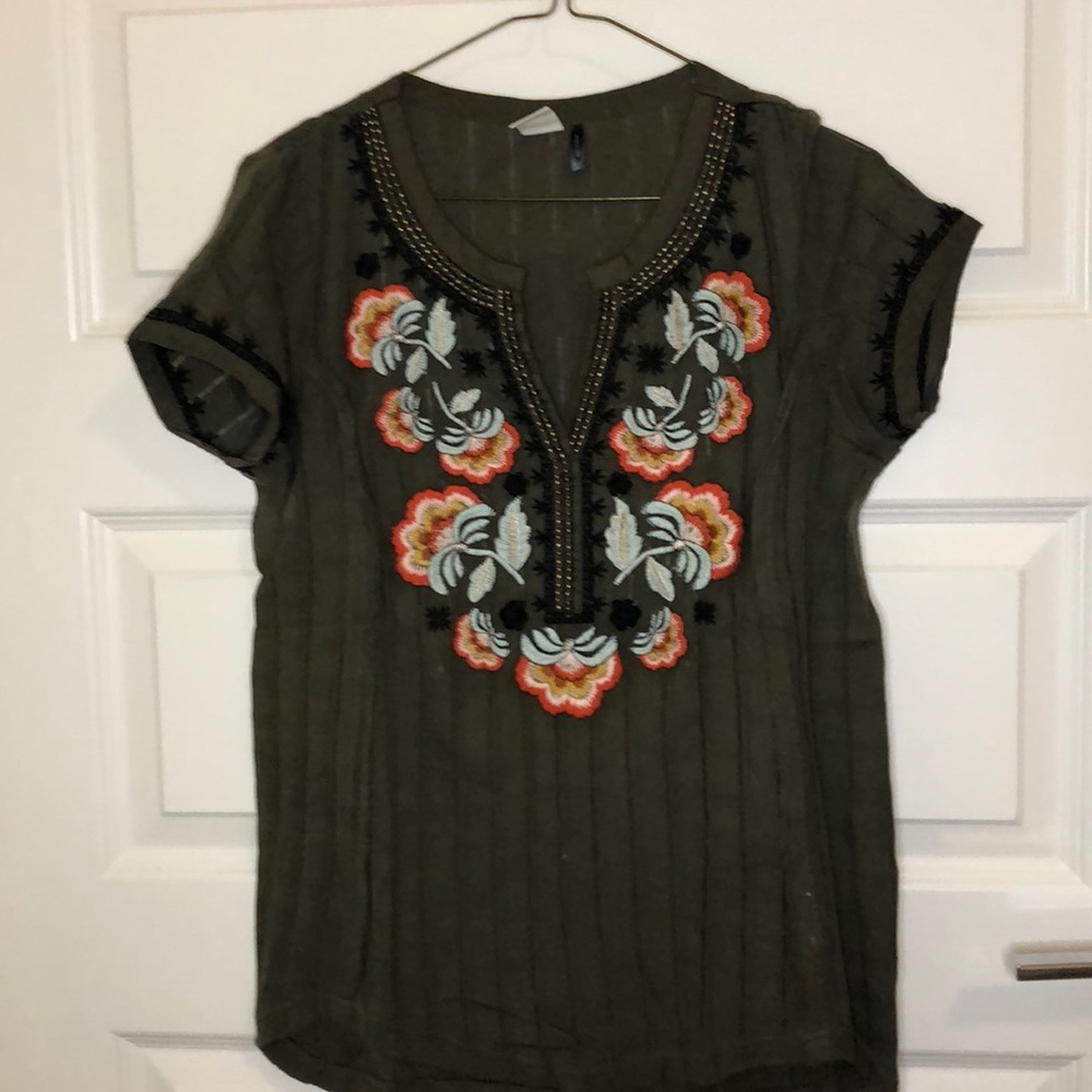 Anthropologie Olive Embroidered Short Sleeve Top